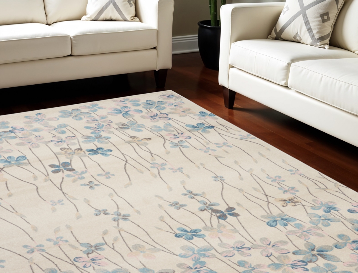 551396 9 x 12 ft. Floral Rectangle Area Rug, Ivory & Blue