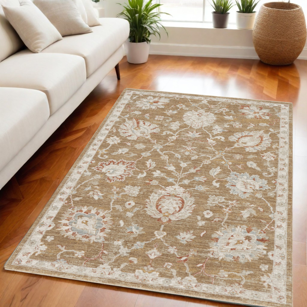 569670 5 x 8 ft. Floral Power Loom Distressed Rectangle Area Rug, Brown