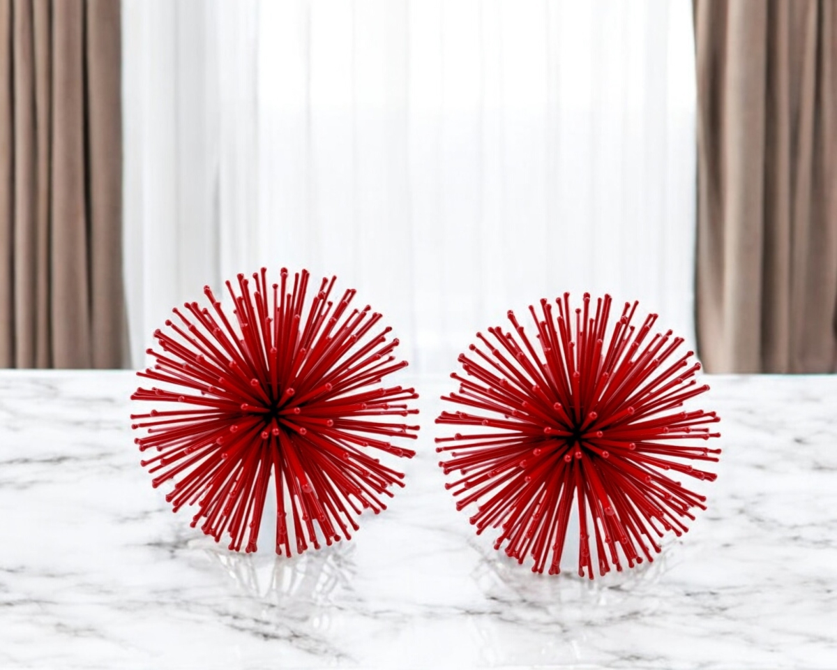 568888 Red Iron Decorative Spiky Sphere Tabletop Sculpture - Set of 2