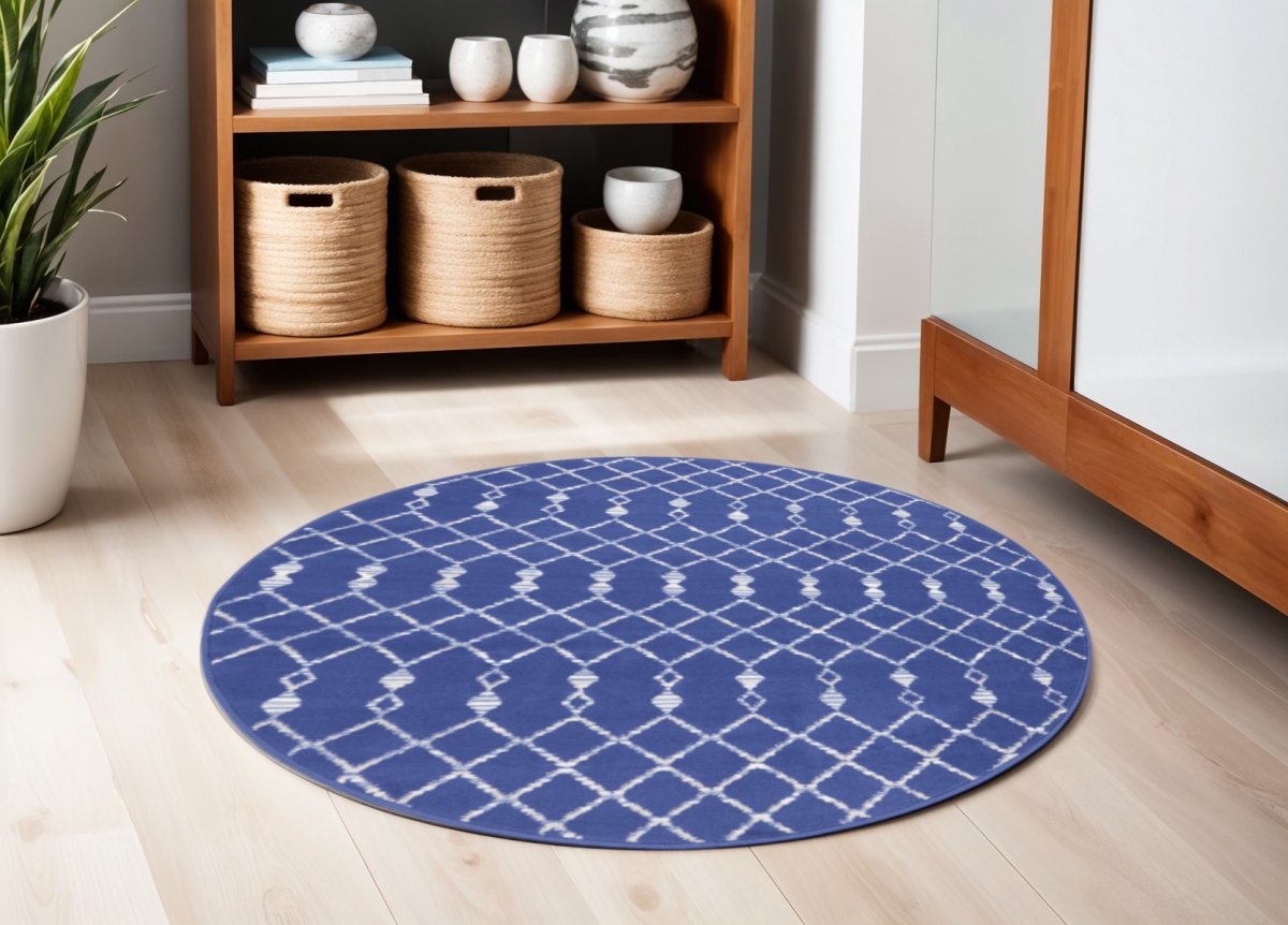 552421 5 ft. Geometric Round Rug, Navy Blue & Ivory