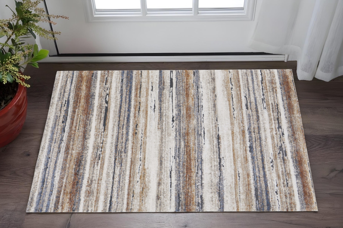 567237 2 x 3 ft. Striped Power Loom Rectangle Area Rug, Ivory, Blue & Brown