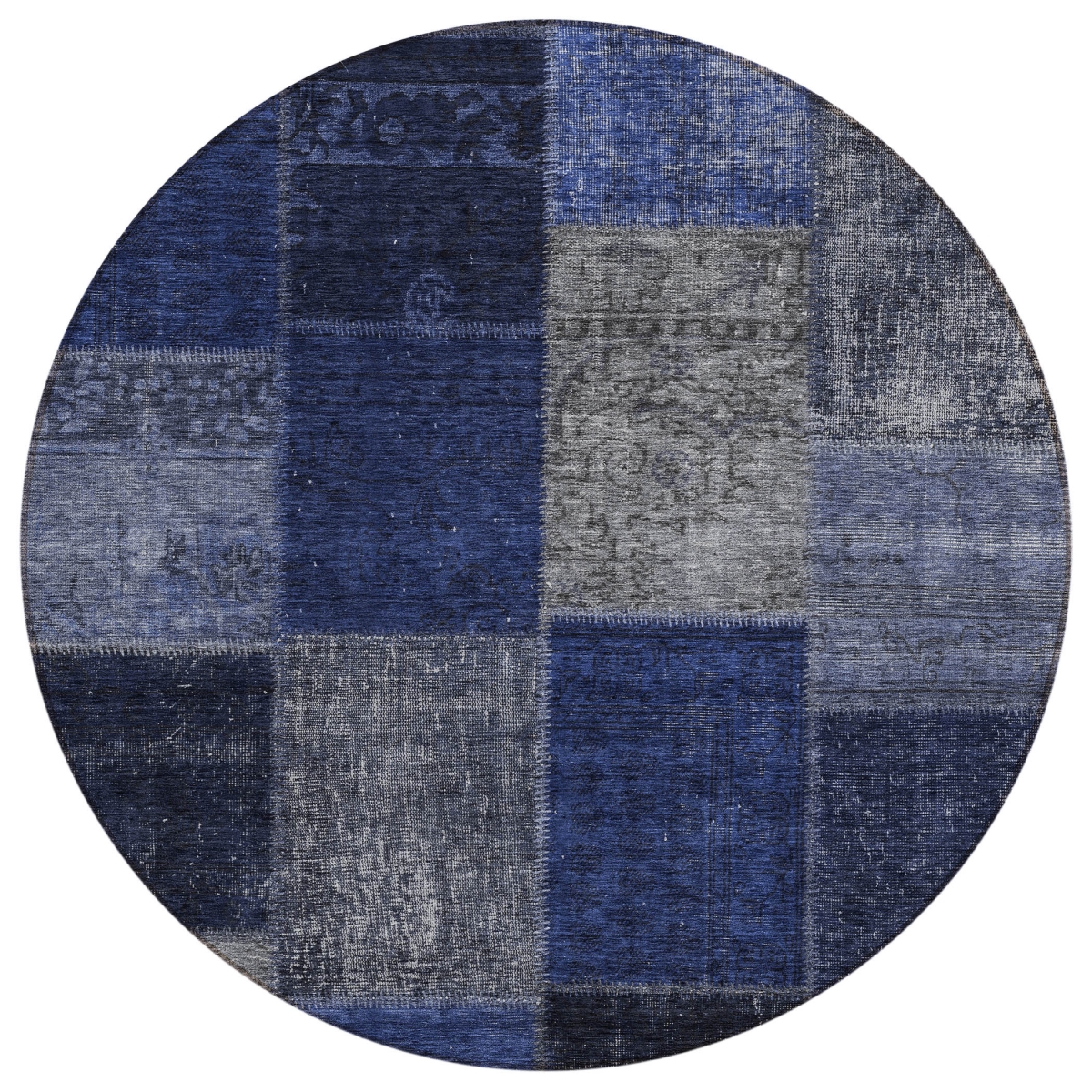 580648 8 ft. Round Patchwork Washable Indoor & Outdoor Area Rug, Navy Blue & Denim Blue