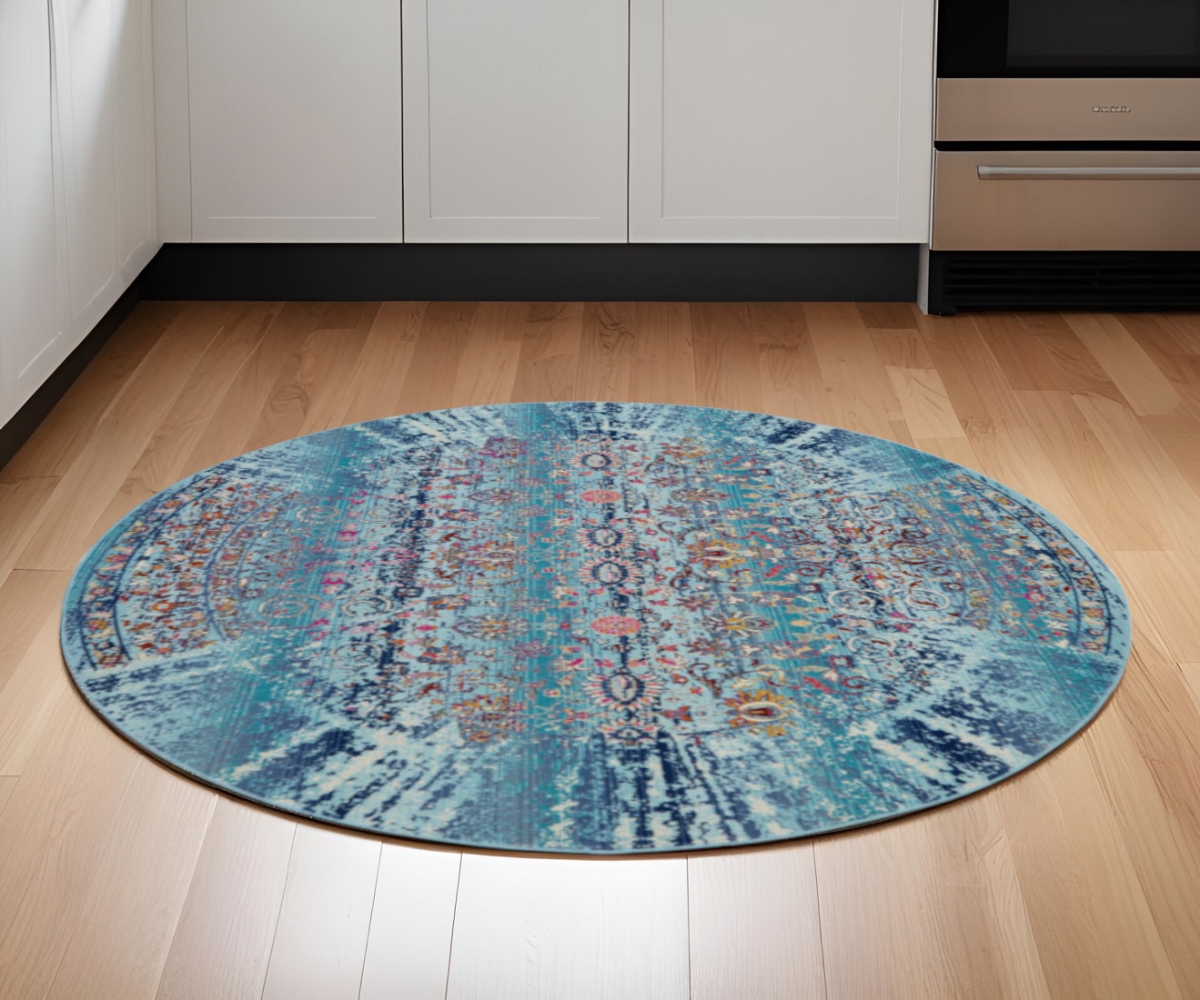 552353 6 ft. Floral Distressed Round Rug, Blue, Red & Orange