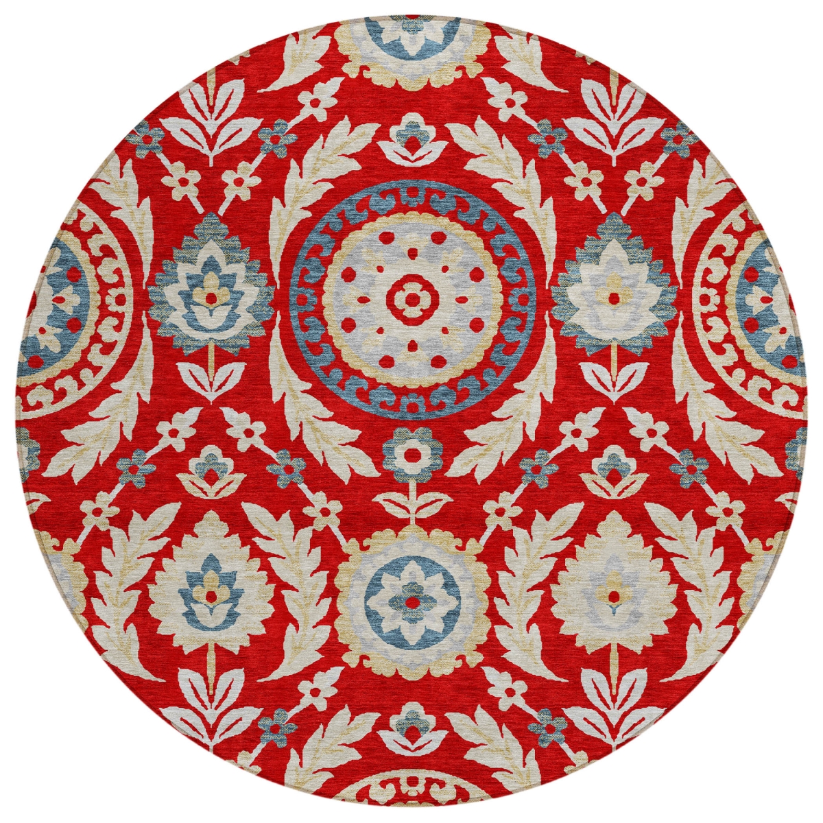 584946 8 ft. Round Floral Washable Indoor & Outdoor Area Rug, Red, Beige & Navy Blue