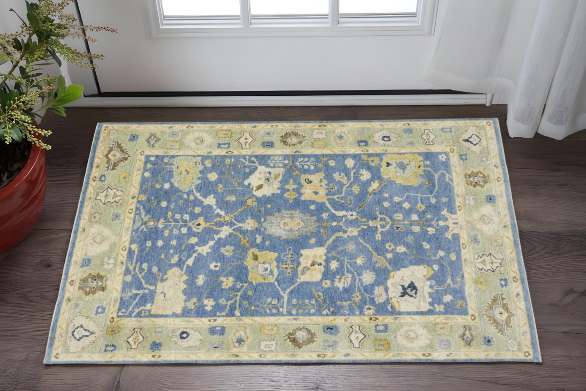 575289 2 x 3 ft. Wool Oriental Hand Knotted Rectangle Area Rug with Fringe, Blue & Green