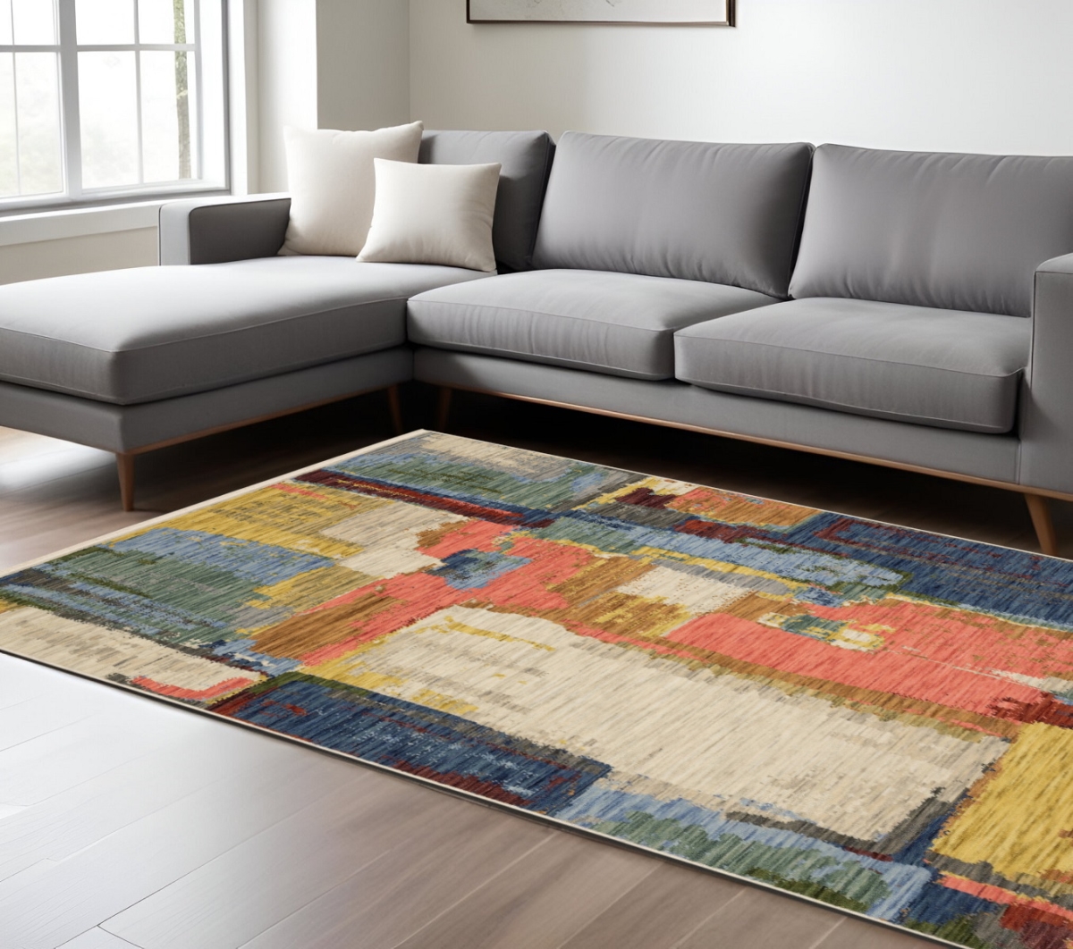 576468 8 x 11 ft. Abstract Rectangle Area Rug with Fringe, Pink, Red & Yellow