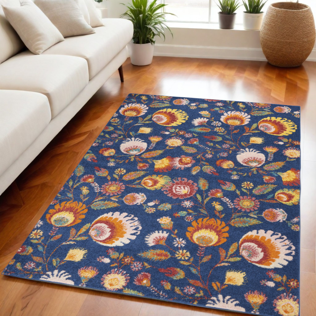 550294 5 x 7 ft. Floral Power Loom Rectangle Area Rug, Blue & Yellow