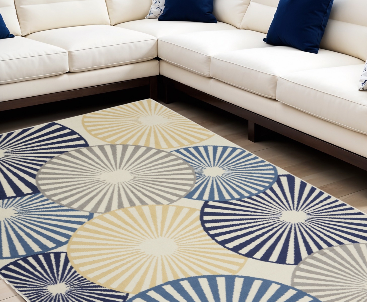 545340 8 x 10 ft. Geometric Power Loom Rectangle Area Rug, Beige & Blue