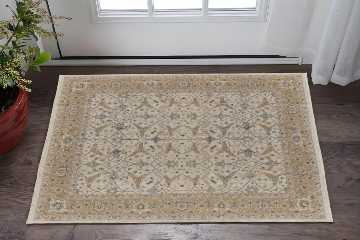 566779 2 x 3 ft. Wool Oriental Hand Knotted Rectangle Area Rug with Fringe, Ivory, Gray & Tan