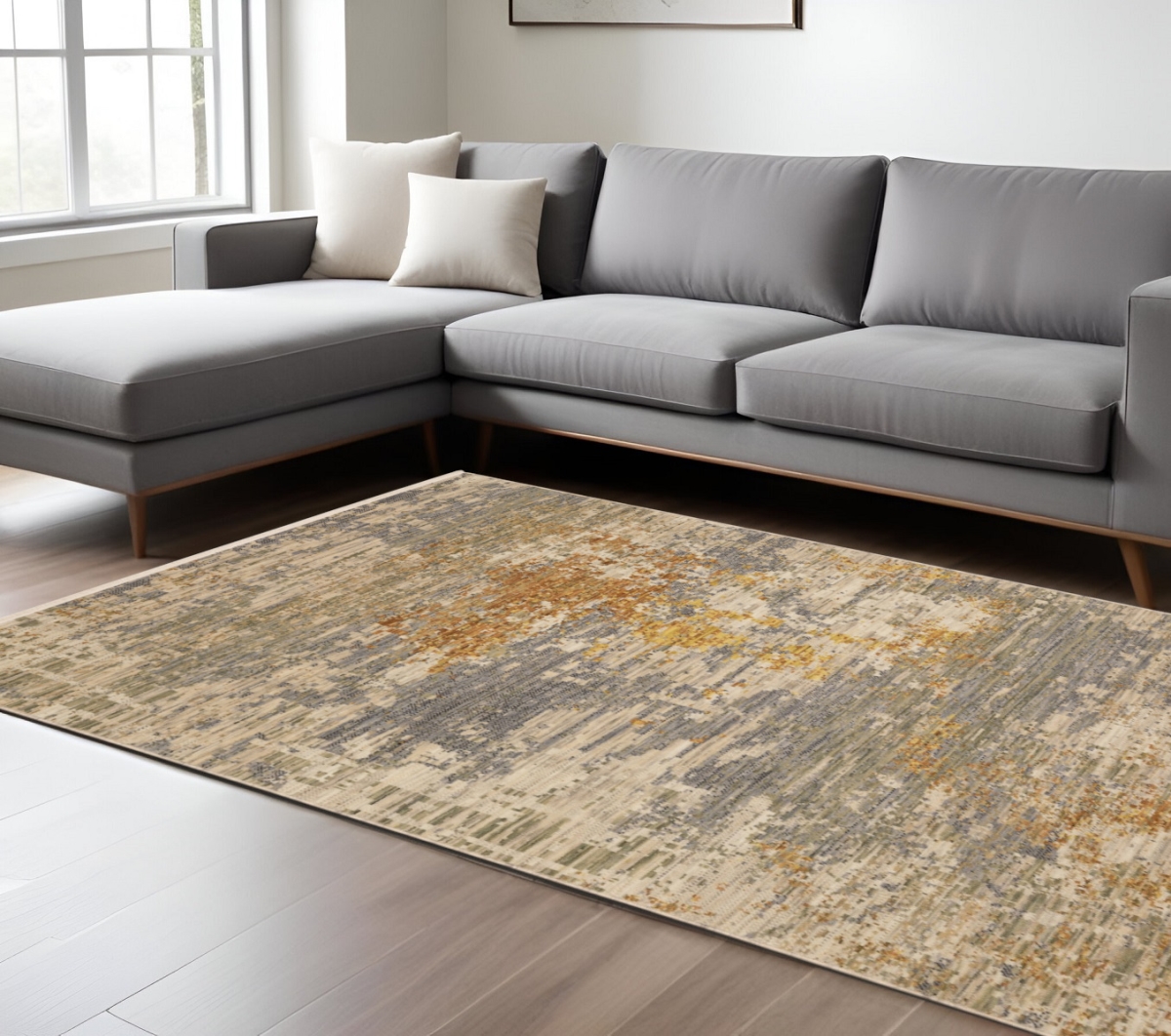575905 7 x 10 ft. Abstract Rectangle Area Rug with Fringe, Beige & Gold