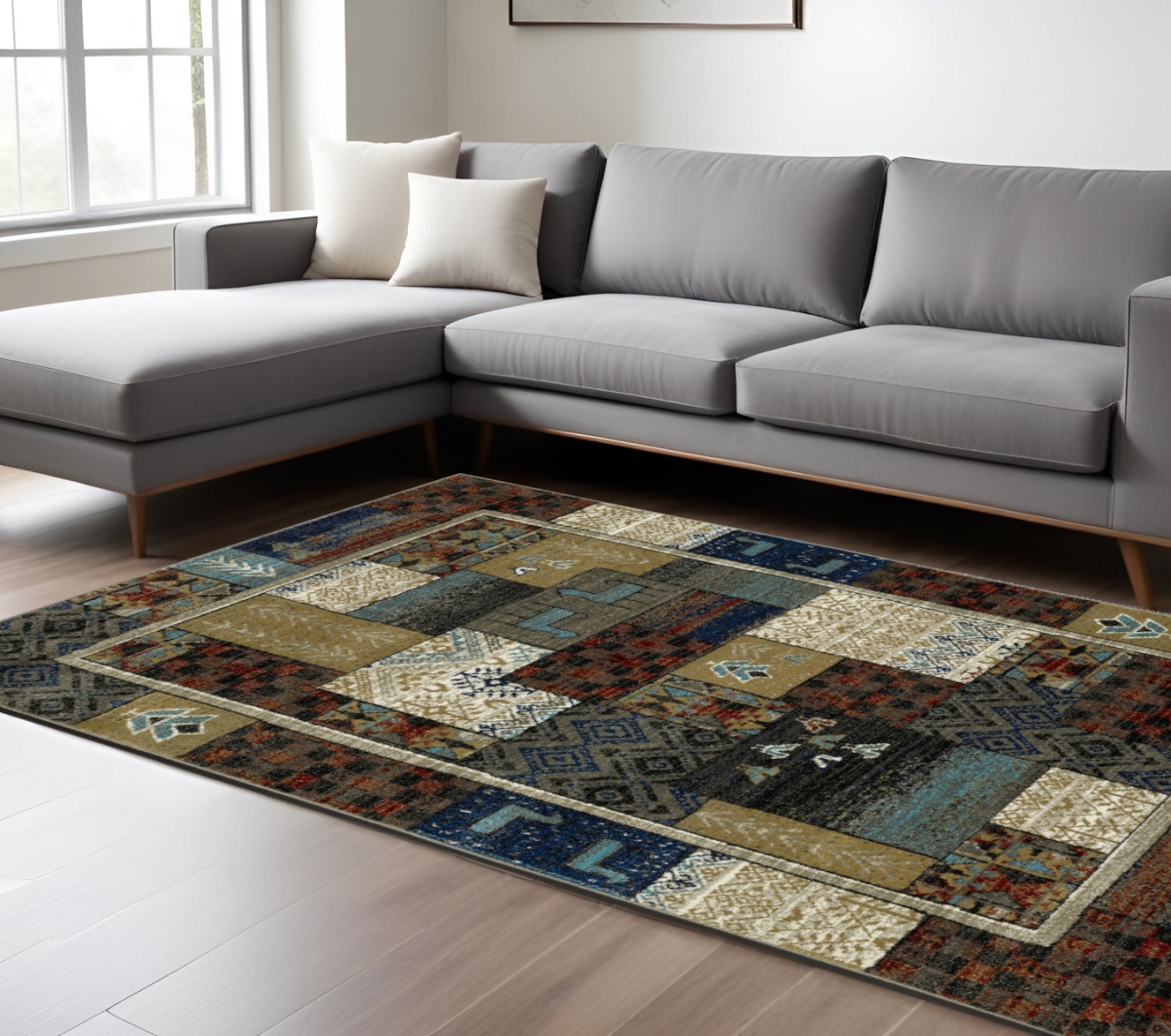 574671 10 x 13 ft. Patchwork Rectangle Area Rug, Brown, Tan & Blue