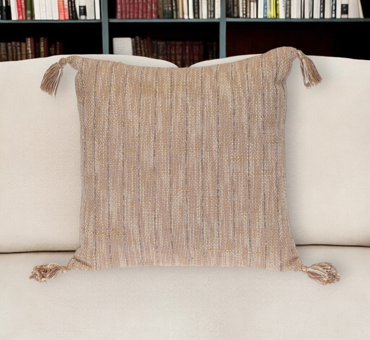 Brown & White Striped Cotton Throw Pillow - 18 in. - Includes Tassels