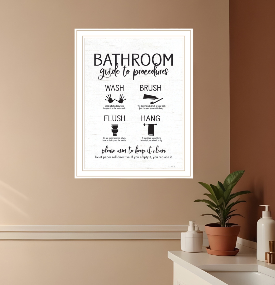 530103 Bathroom Guide White Framed Print Wall Art