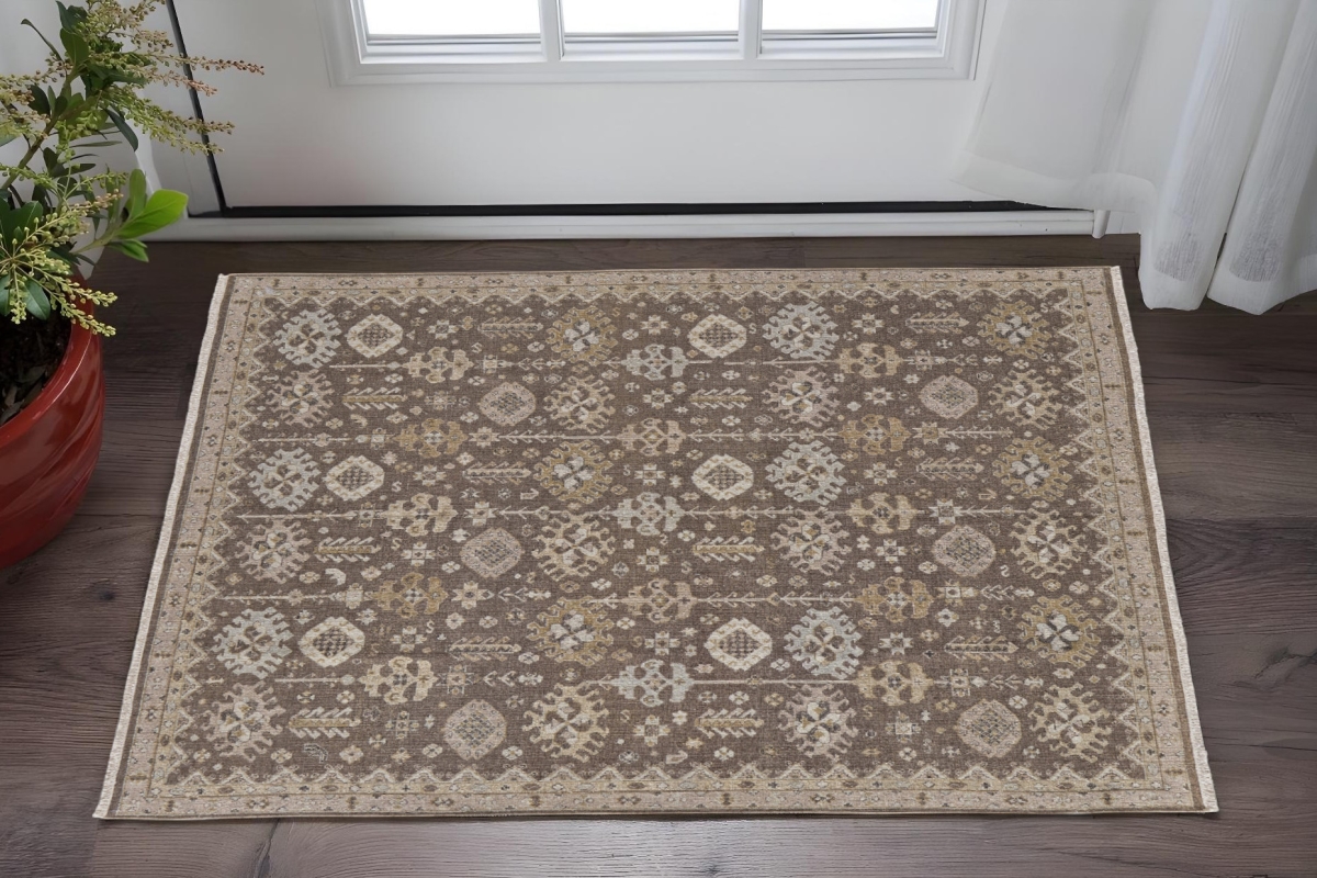 566767 2 x 3 ft. Wool Oriental Hand Knotted Rectangle Area Rug with Fringe, Tan & Brown