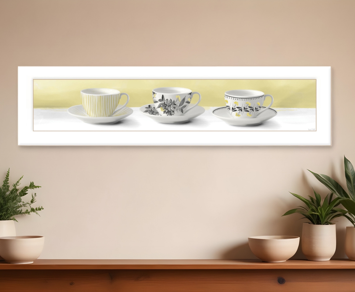 416151 Stack of Tea Cups Yellow White Framed Print Kitchen Wall Art