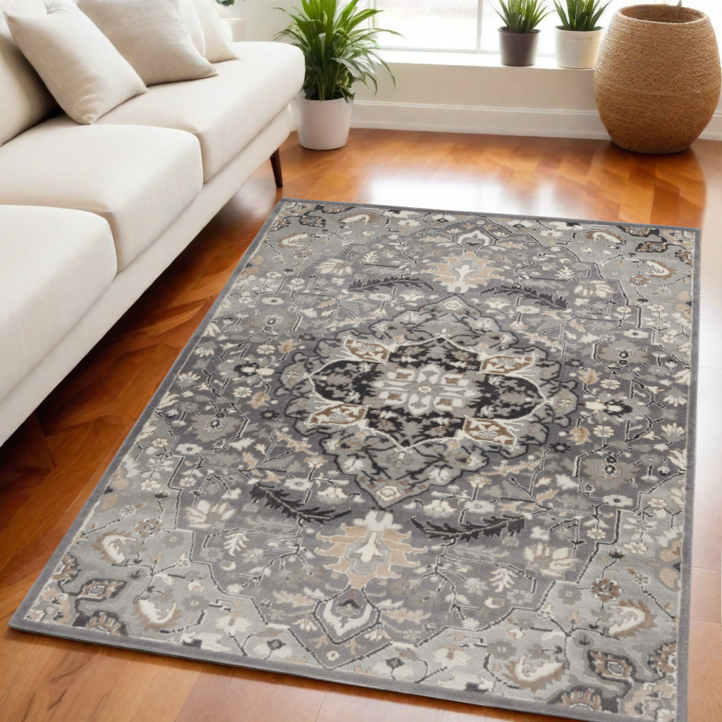 550178 5 x 7 ft. Floral Medallion Non Skid Rectangle Area Rug, Black & Gray