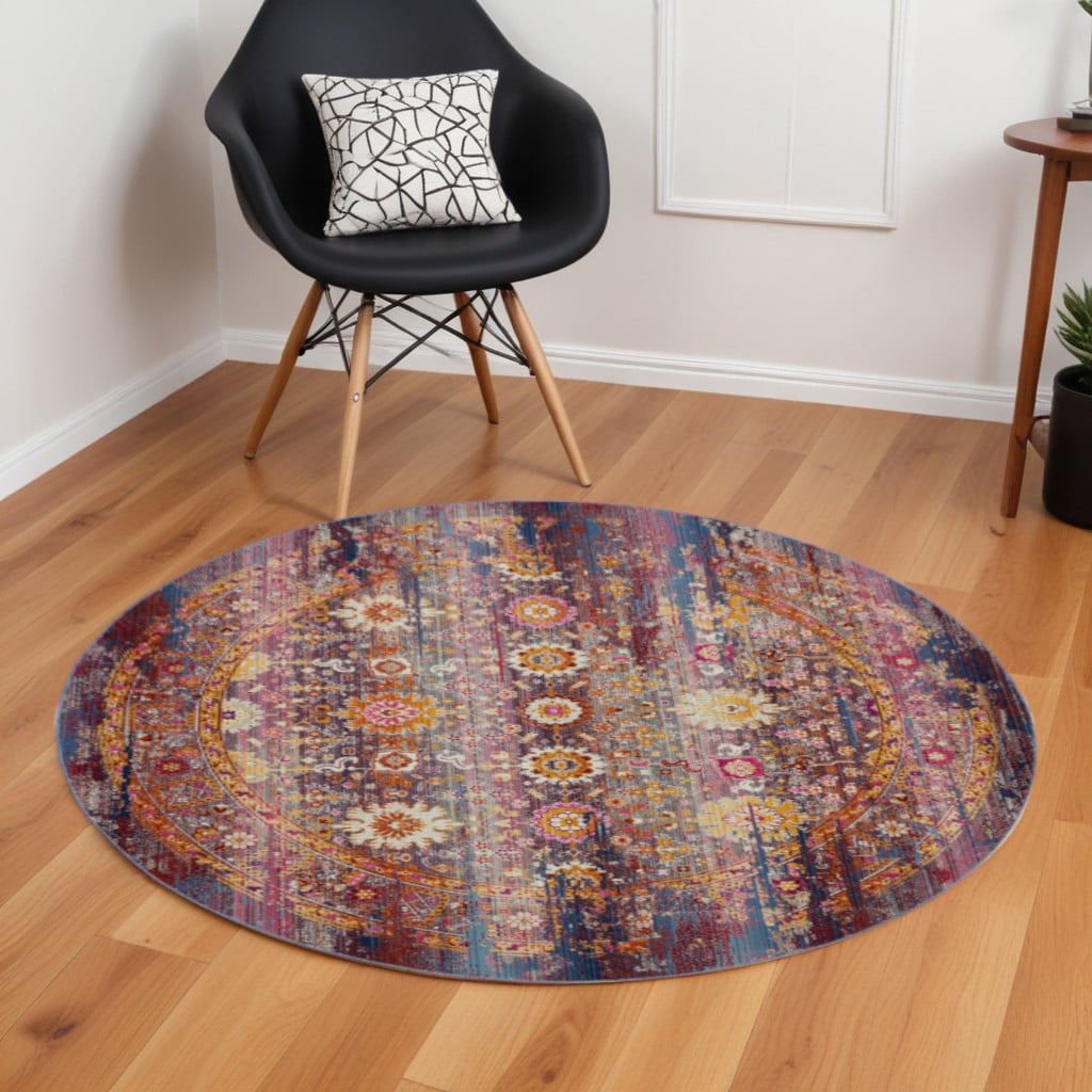 552363 6 ft. Floral Distressed Non Skid Round Rug, Blue, Yellow & Red