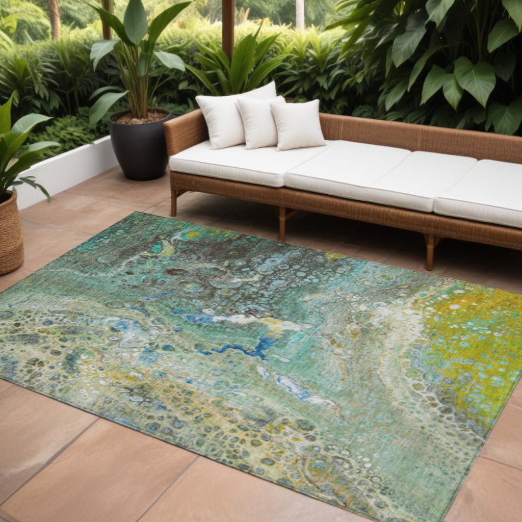 577438 10 x 14 ft. Abstract Washable Indoor & Outdoor Rectangle Area Rug, Teal Blue, Lime Green & Green