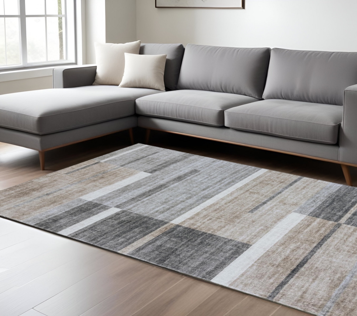 Abstract Rectangle Area Rug - Gray & Brown - 7 x 10 ft - Stain Resistant