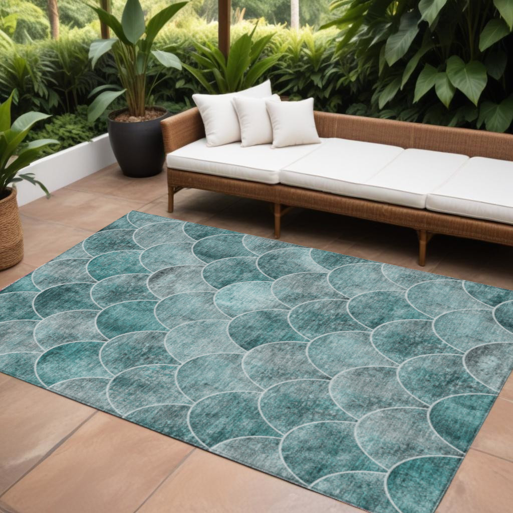 577694 8 x 10 ft. Abstract Washable Indoor & Outdoor Rectangle Area Rug, Teal Blue, Aqua & Gray