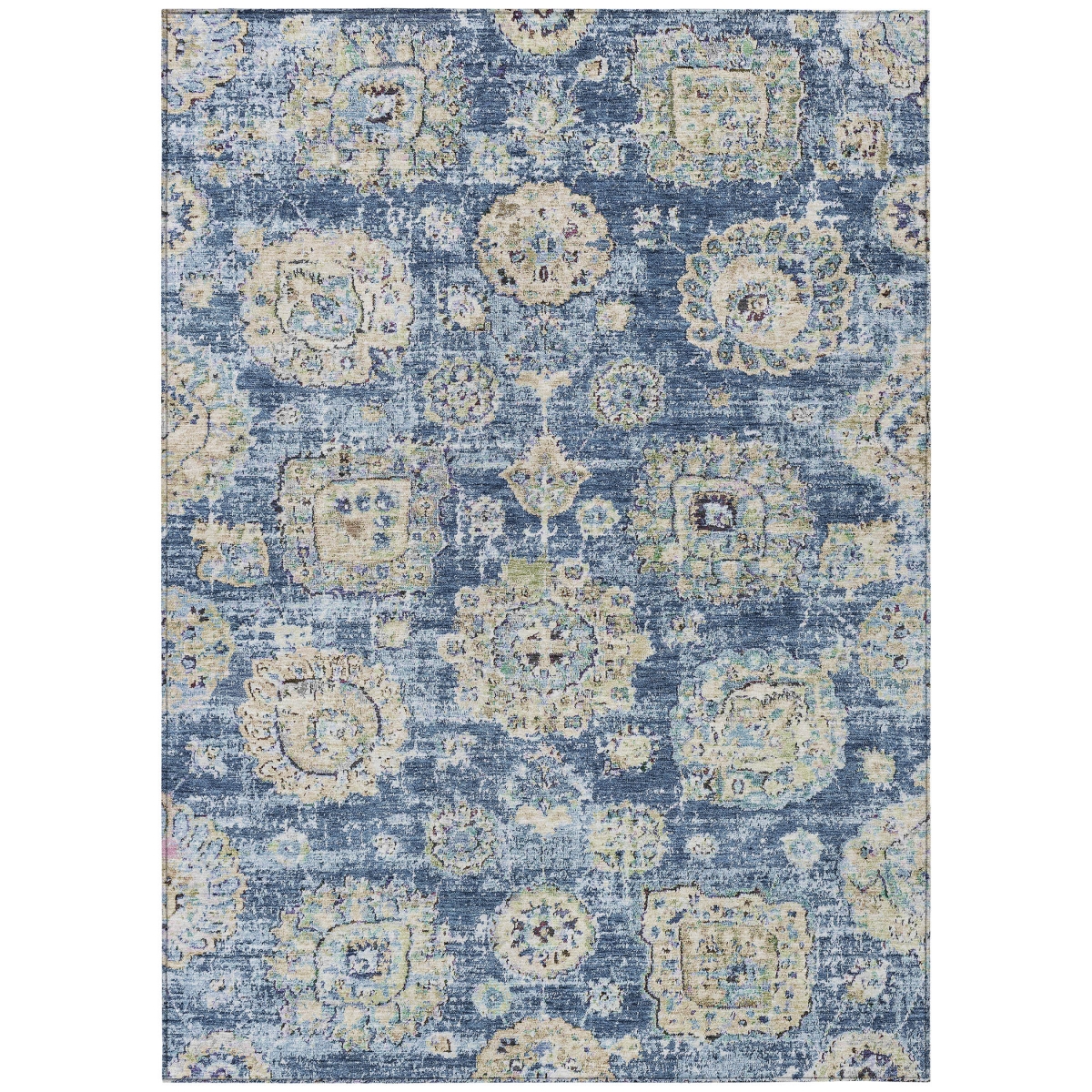 579442 8 x 10 ft. Floral Washable Indoor & Outdoor Rectangle Area Rug, Navy Blue & Beige