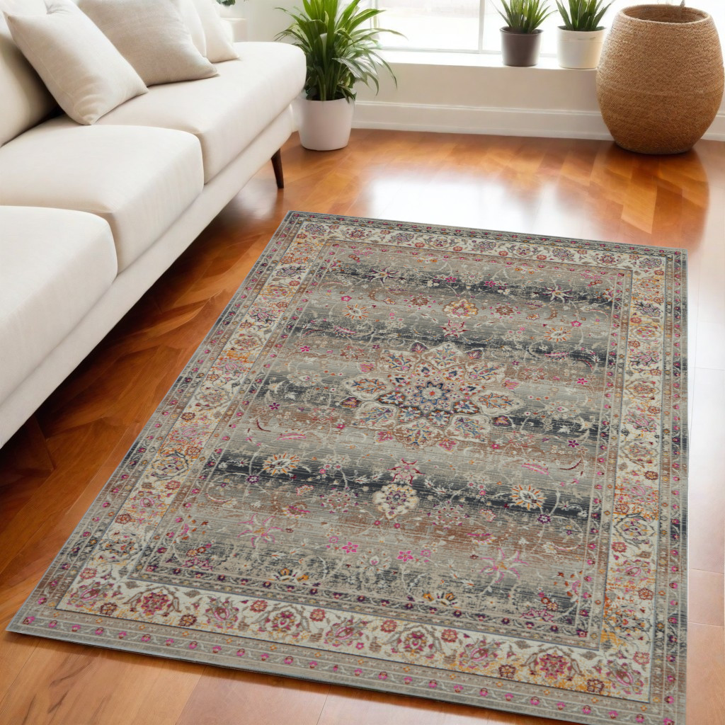 553364 4 x 6 ft. Floral Distressed Rectangle Area Rug, Ivory, Brown & Gray
