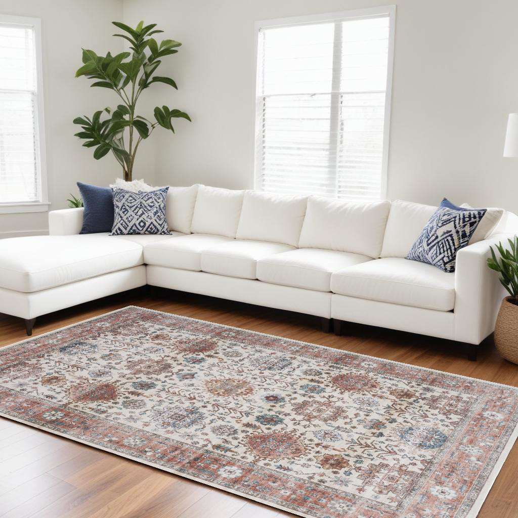 550360 8 x 10 ft. Floral Distressed Non Skid Rectangle Area Rug, Ivory & Red