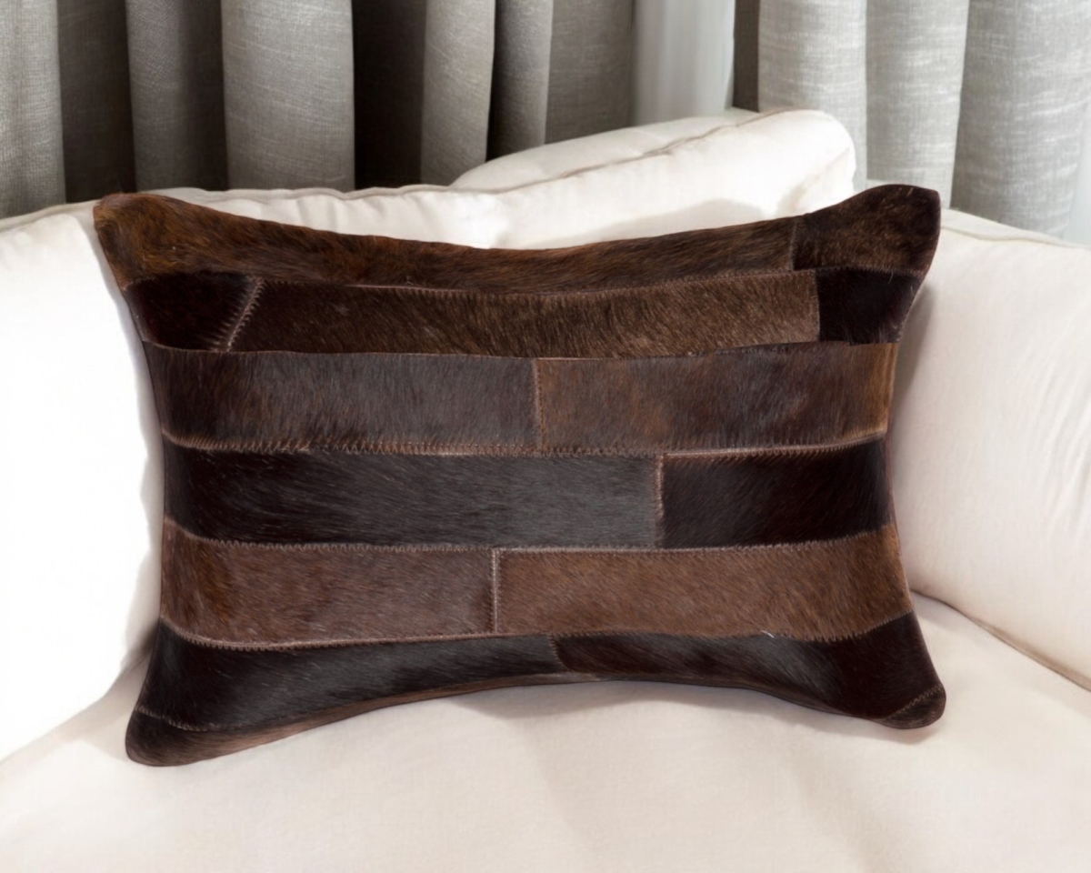 544621 12 x 20 in. Chocolate Patchwork Cowhide Lumbar Throw Pillow