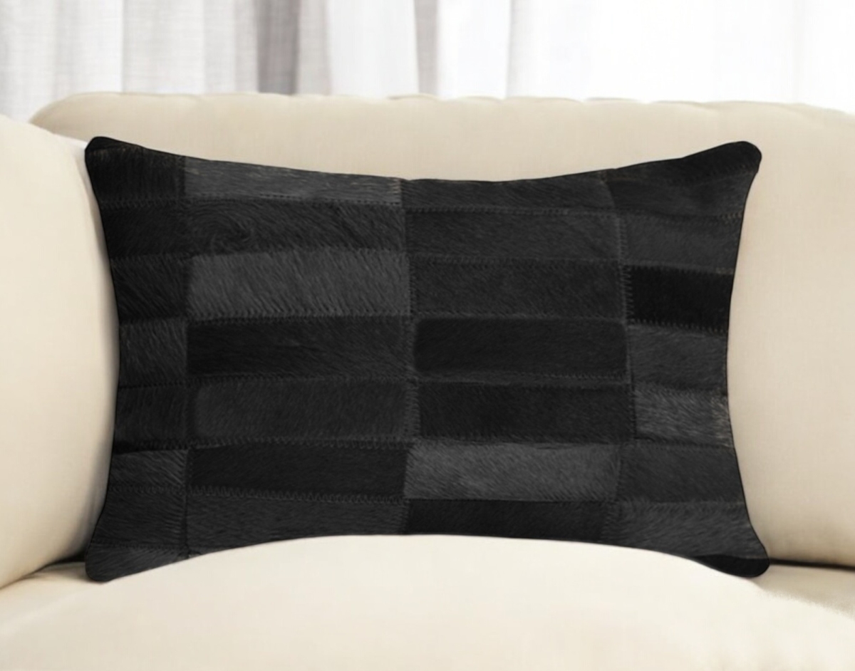 544620 12 x 20 in. Black Patchwork Cowhide Lumbar Throw Pillow
