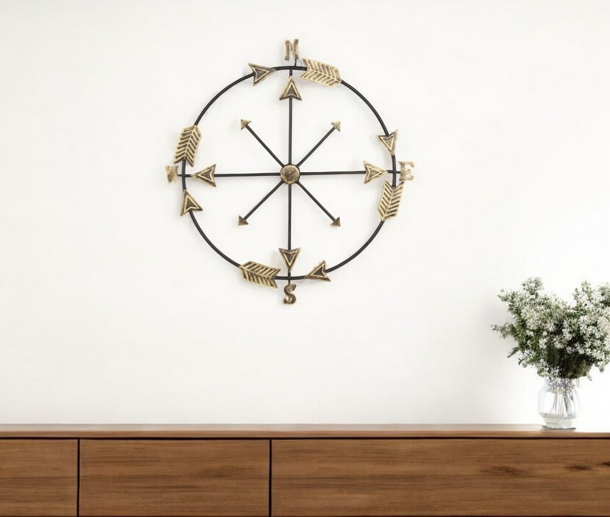 483324 26 x 25 in. Brass & Black Metal Distressed Compass Wall Decor