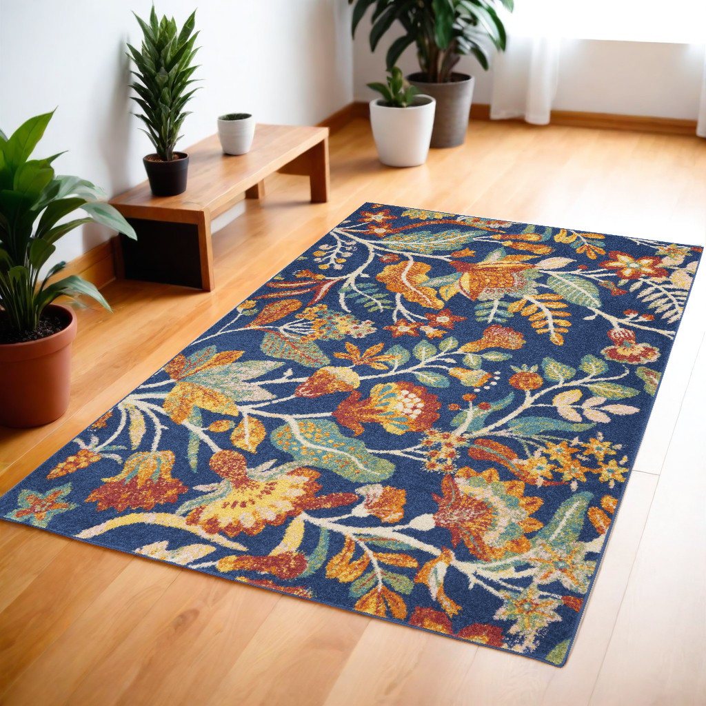 552751 4 x 6 ft. Floral Power Loom Rectangle Area Rug, Blue & Orange