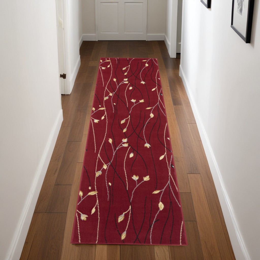 545424 8 ft. Runner Floral Vines Power Loom Runner Rug, Red Black & Ivory