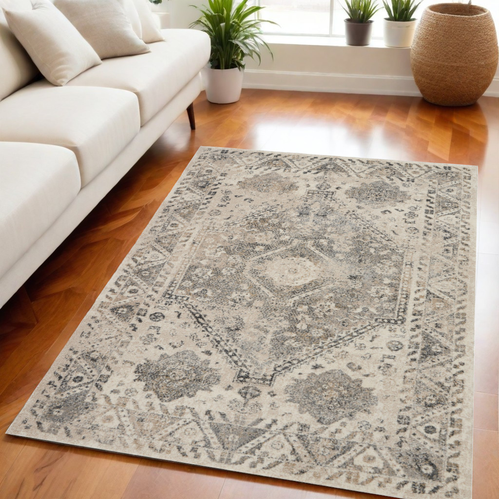 551211 5 x 7 ft. Floral Distressed Rectangle Area Rug, Cream & Gray