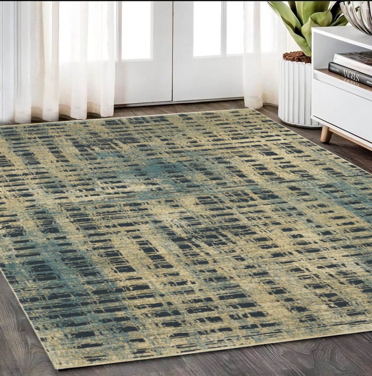 575578 5 x 8 ft. Geometric Rectangle Area Rug, Beige & Blue