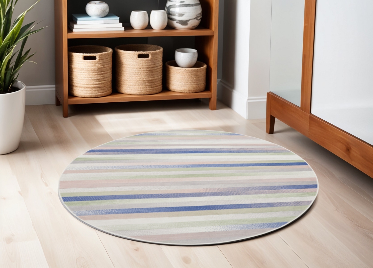 552431 5 ft. Striped Round Rug, Ivory, Tan & Blue