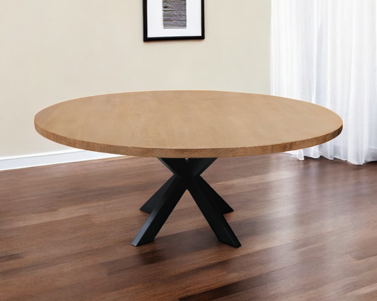563915 72 in. Rounded Solid Wood & Iron Pedestal Base Dining Table - Natural & Black
