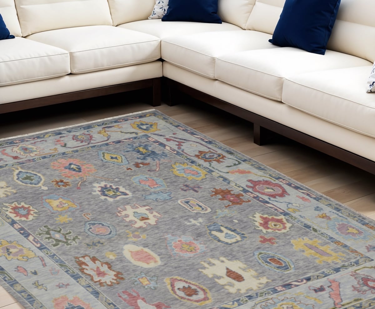 566260 9 x 13 ft. Wool Oriental Hand Knotted Rectangle Area Rug with Fringe, Gray, Blue & Red