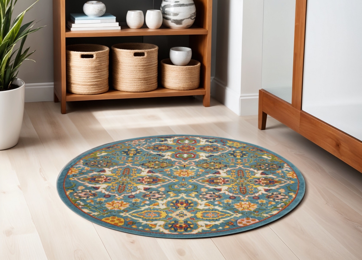 552389 5 ft. Round Floral Power Loom Area Rug, Teal & Ivory