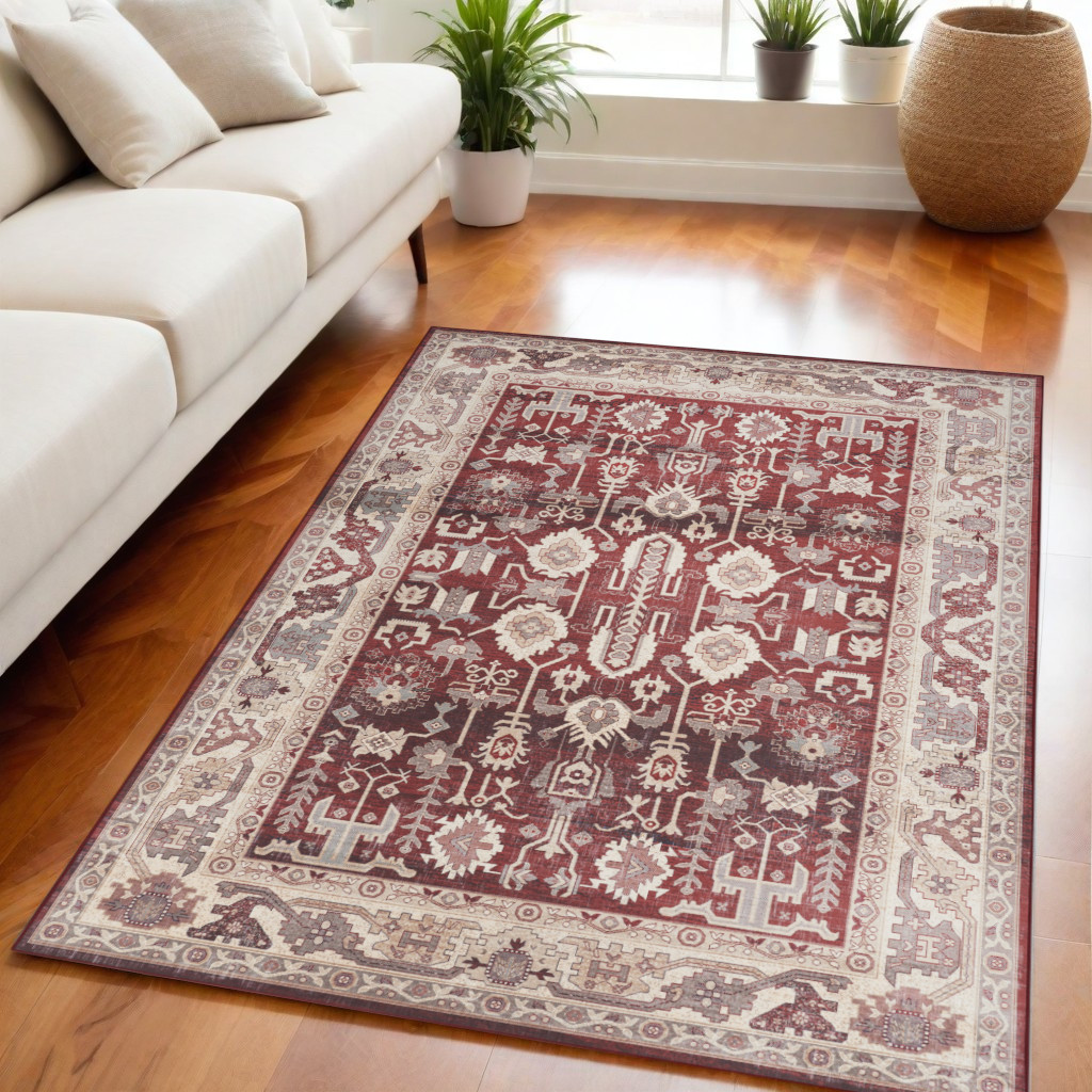546495 5 x 7 ft. Oriental Distressed Non Skid Rectangle Area Rug, Red & Ivory