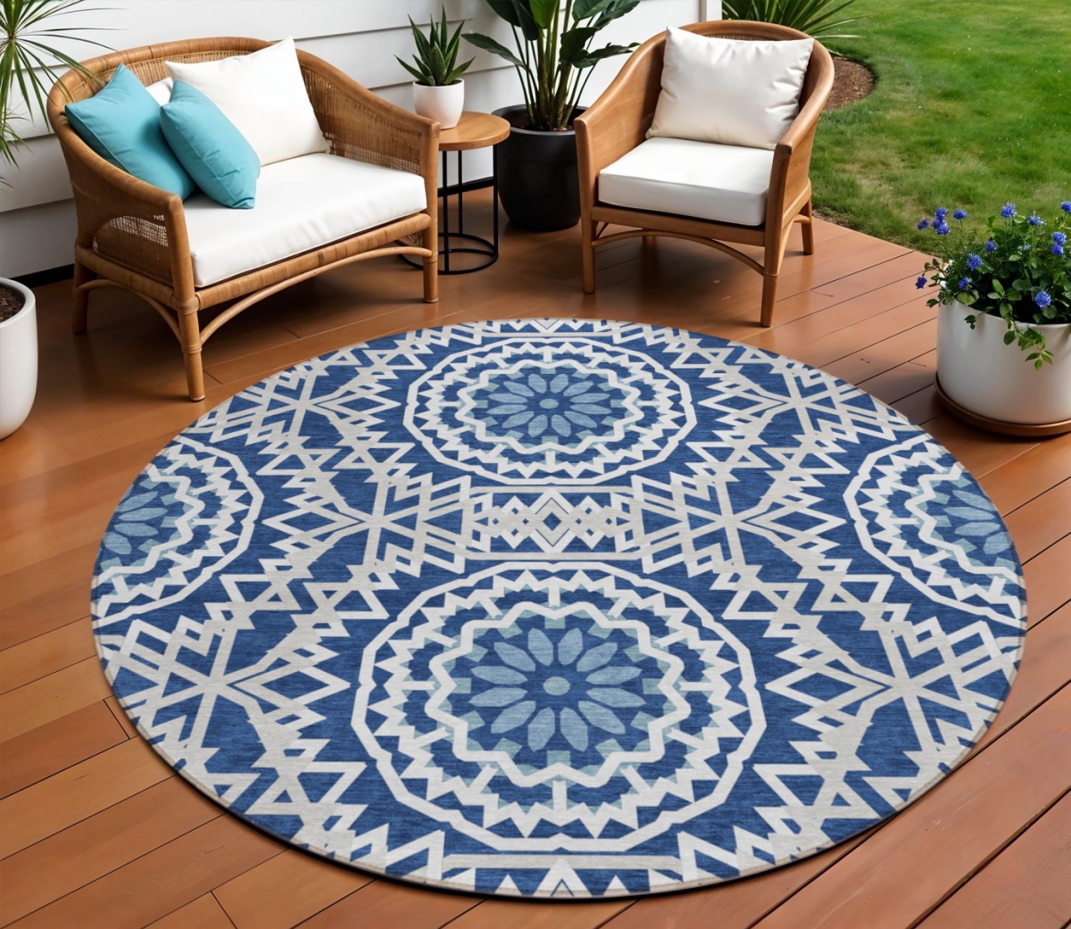 578648 8 ft. Round Floral Medallion Washable Indoor & Outdoor Area Rug, Navy Blue, Ivory & Gray