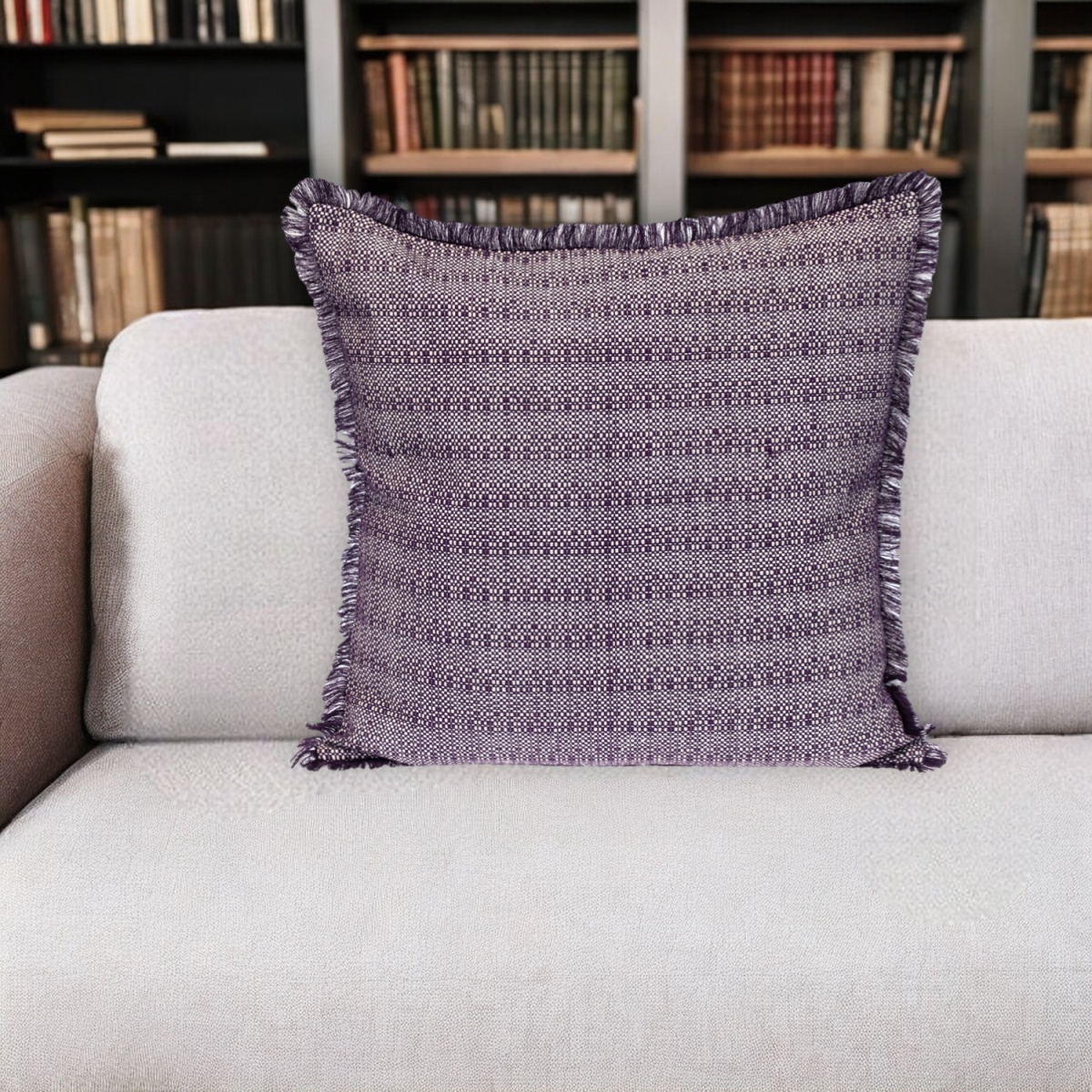 529247 24 in. Purple & White Cotton Throw Pillow with Fringe
