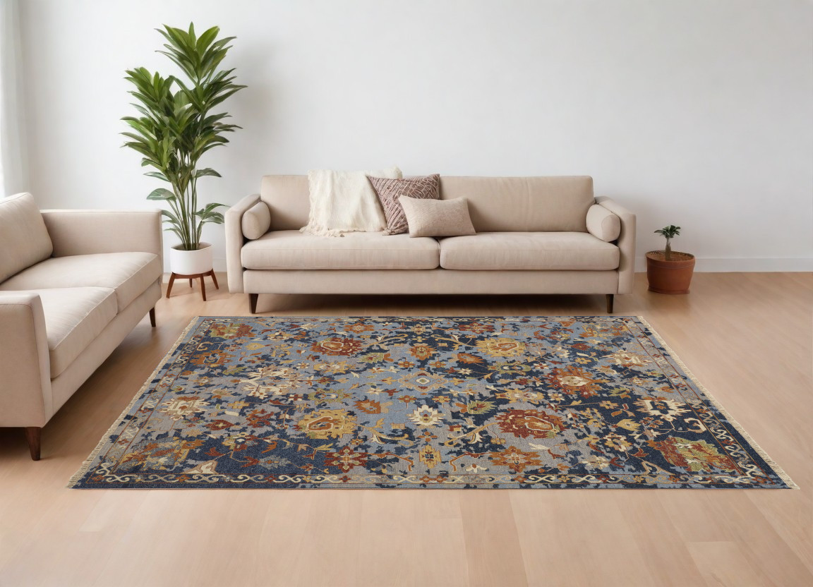 567362 6 x 9 ft. Wool Floral Hand Knotted Rectangle Area Rug with Fringe, Blue, Gray & Red