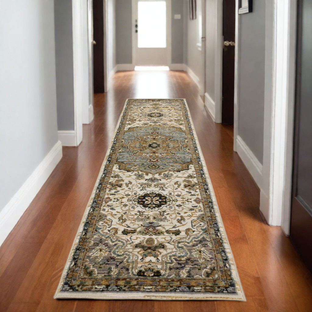 576129 8 ft. Ivory & Blue Oriental Runner Rug