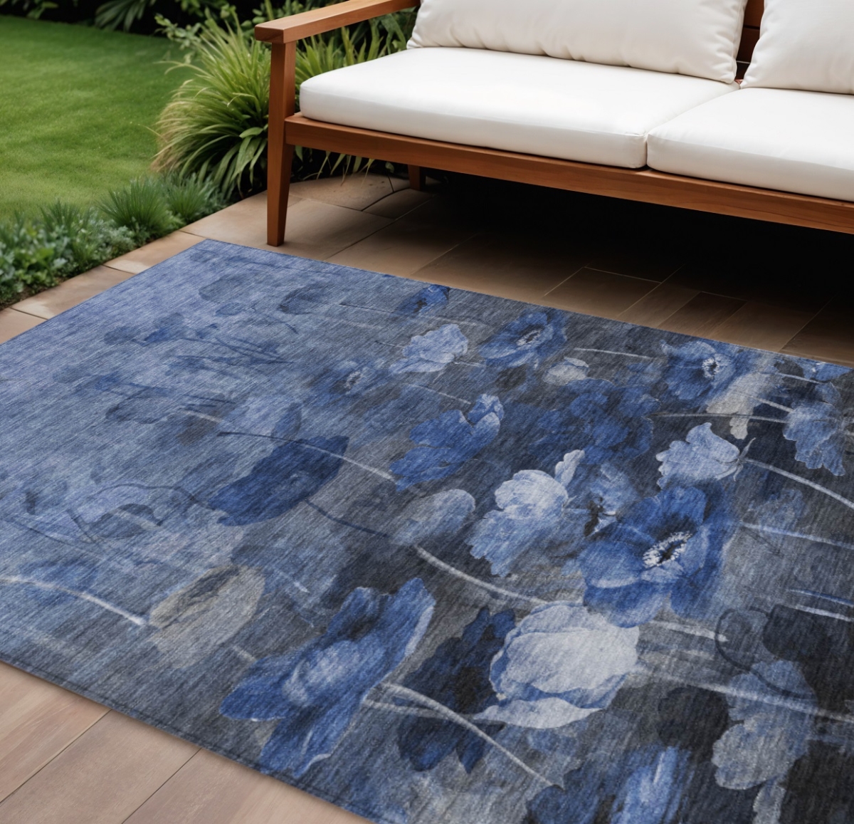 578271 8 x 10 ft. Floral Washable Indoor & Outdoor Rectangle Area Rug, Navy Blue & Denim Blue