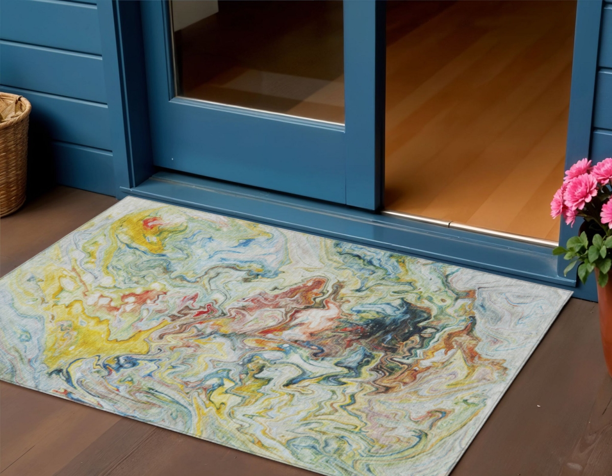 577962 3 x 5 ft. Abstract Washable Indoor & Outdoor Rectangle Area Rug, Ivory, Blue & Yellow