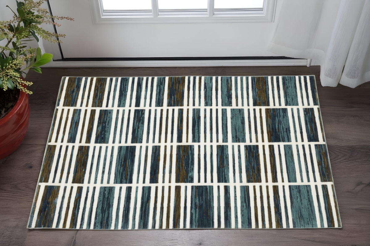 575378 3 x 5 ft. Geometric Rectangle Area Rug, Ivory & Blue