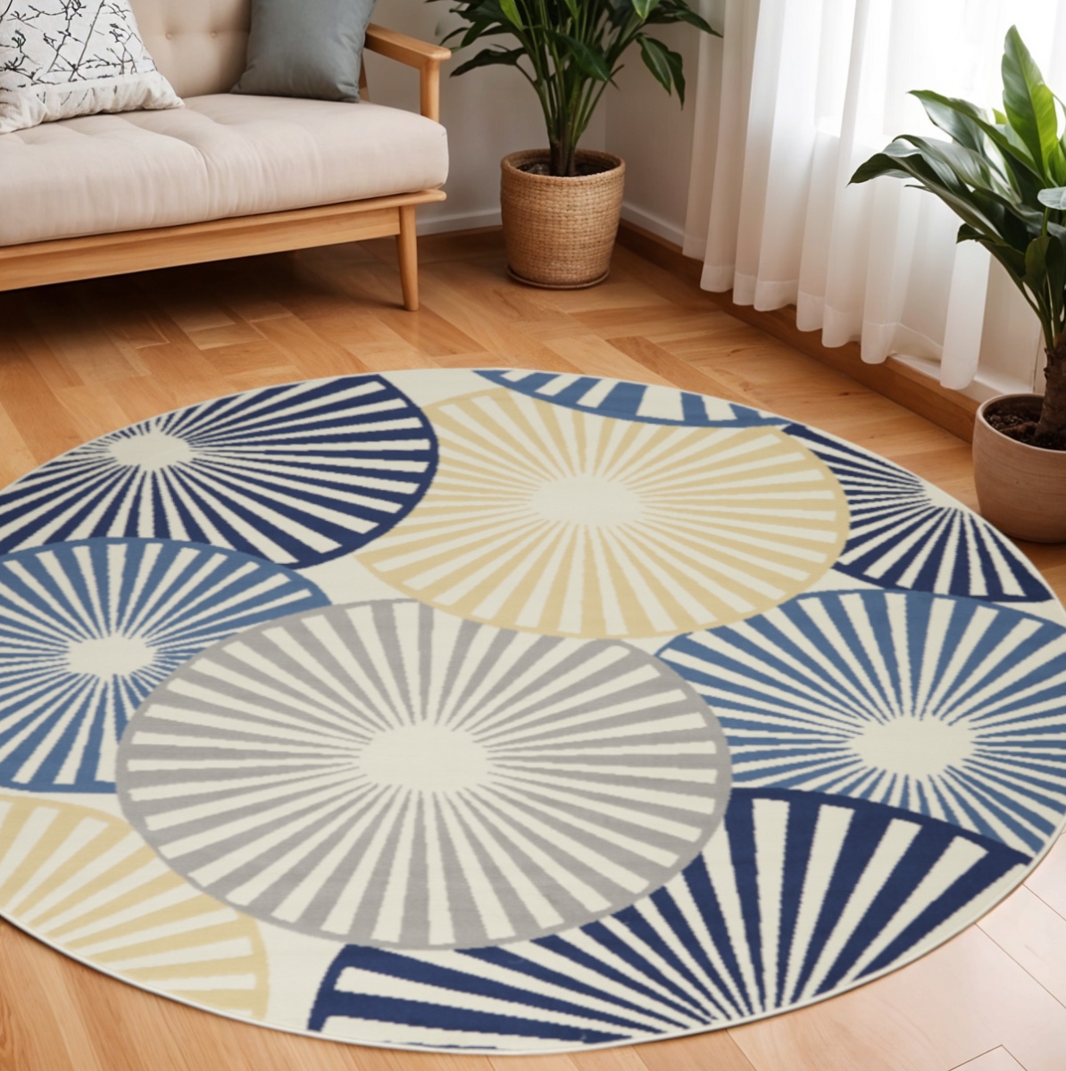 545324 8 ft. Round Geometric Power Loom Area Rug, Blue & Ivory