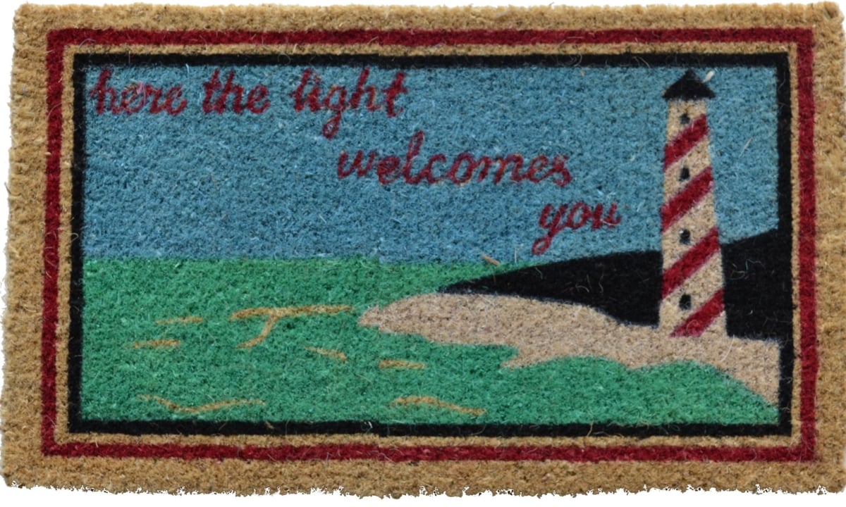 555494 18 x 30 in. Brown Coir Lighthouse Here The Light Welcomes You Outdoor Door Mat