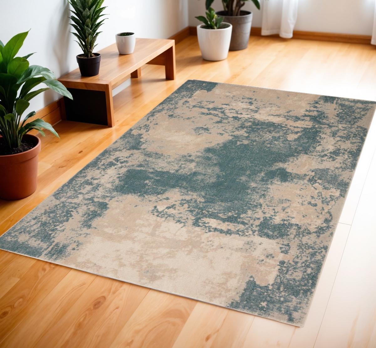 552784 4 x 6 ft. Abstract Rectangle Area Rug, Ivory & Teal Blue