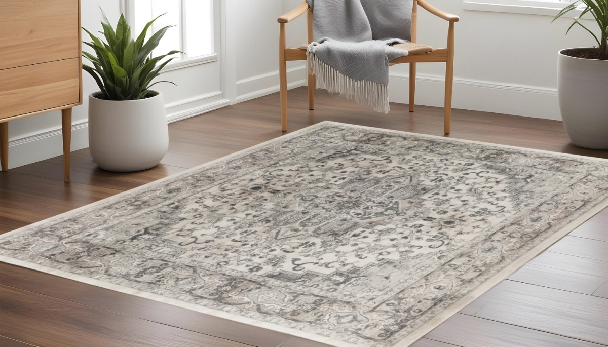 545185 8 ft. Gray & Ivory Square Medallion Power Loom Distressed Area Rug